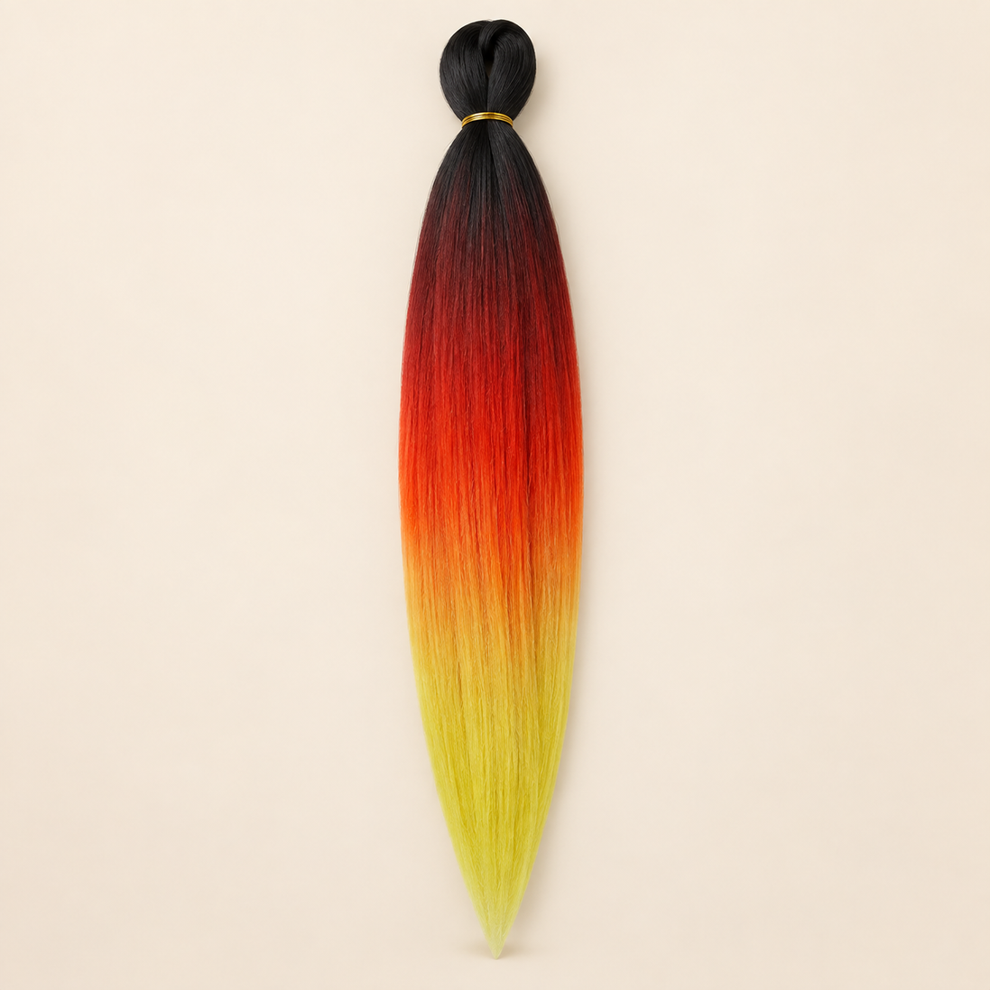 Easy Braid kanekalon vlechthaar D4-8 in zwart / rood / oranje / geel ombre op lichtbeige achtergrond