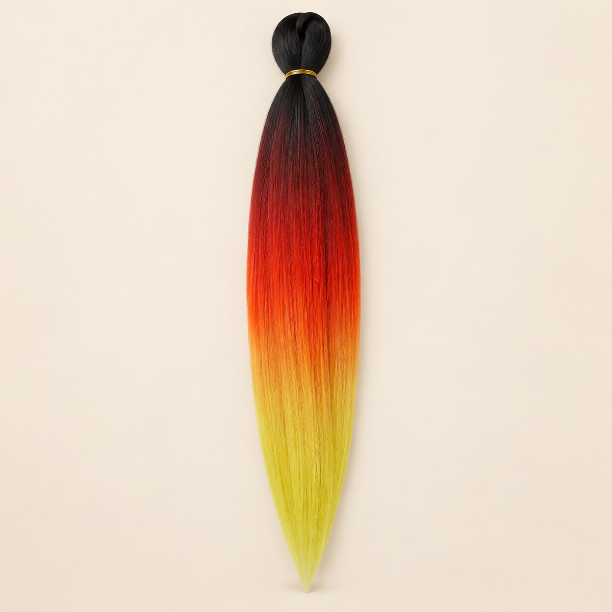 Easy Braid kanekalon vlechthaar D4-8 in zwart / rood / oranje / geel ombre op lichtbeige achtergrond