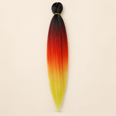 Easy Braid kanekalon vlechthaar D4-8 in zwart / rood / oranje / geel ombre op lichtbeige achtergrond