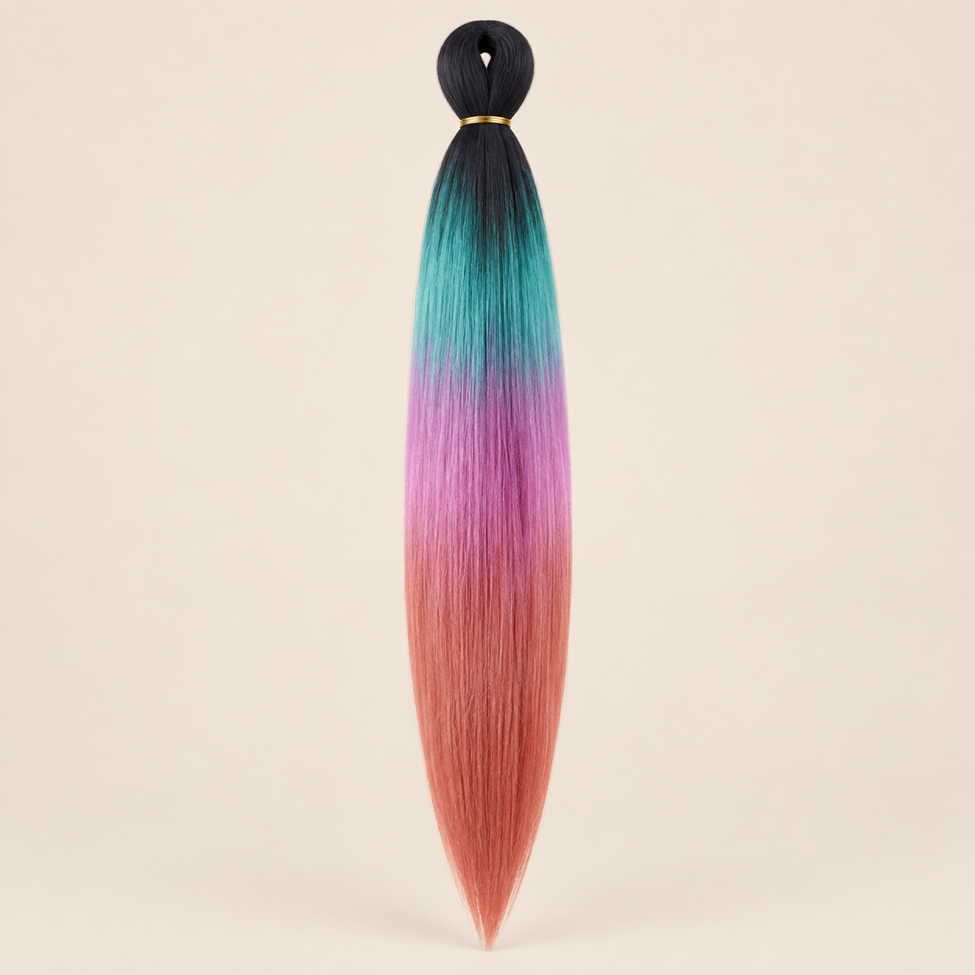 Easy Braid kanekalon vlechthaar D4-9 in zwart / turquoise / roze / roest ombre op lichtbeige achtergrond