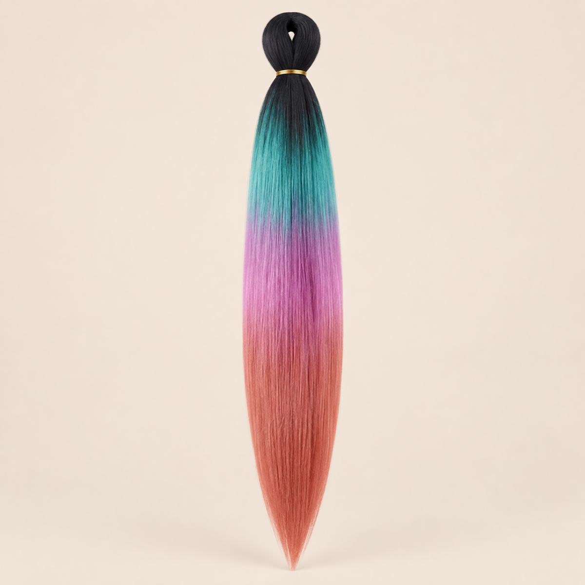 Easy Braid kanekalon vlechthaar D4-9 in zwart / turquoise / roze / roest ombre op lichtbeige achtergrond