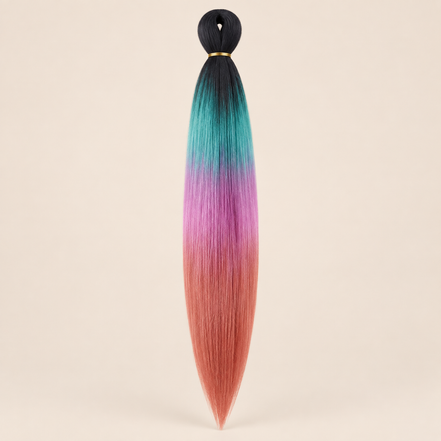 Easy Braid kanekalon vlechthaar D4-9 in zwart / turquoise / roze / roest ombre op lichtbeige achtergrond
