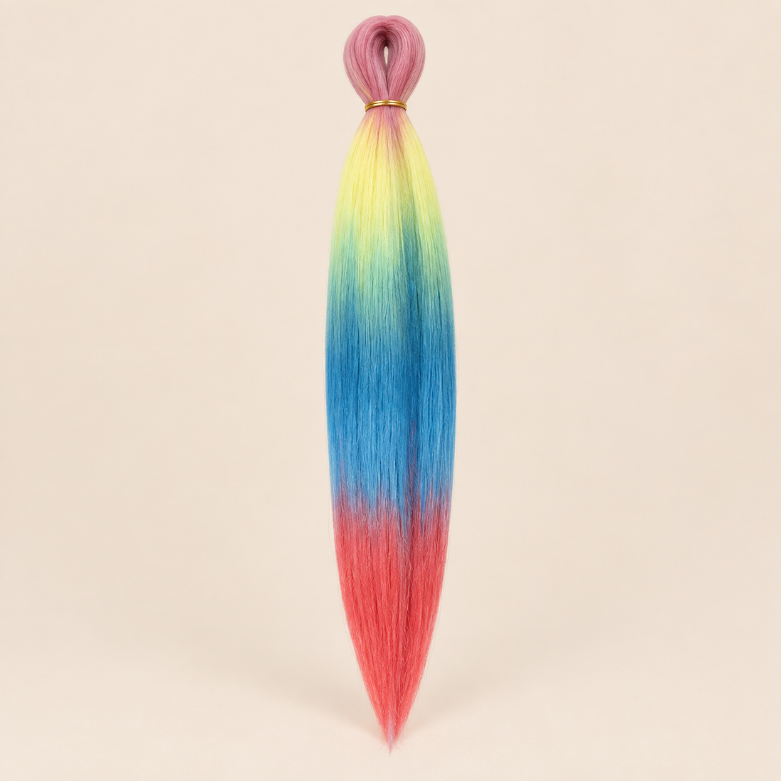 Easy Braid kanekalon vlechthaar D5-3 in roze / geel / blauw / rood ombre op lichtbeige achtergrond