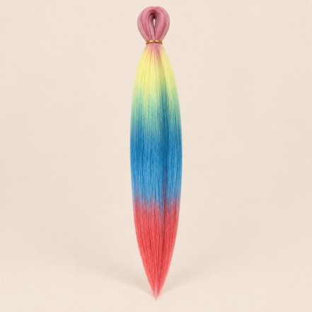 Easy Braid kanekalon vlechthaar D5-3 in roze / geel / blauw / rood ombre op lichtbeige achtergrond