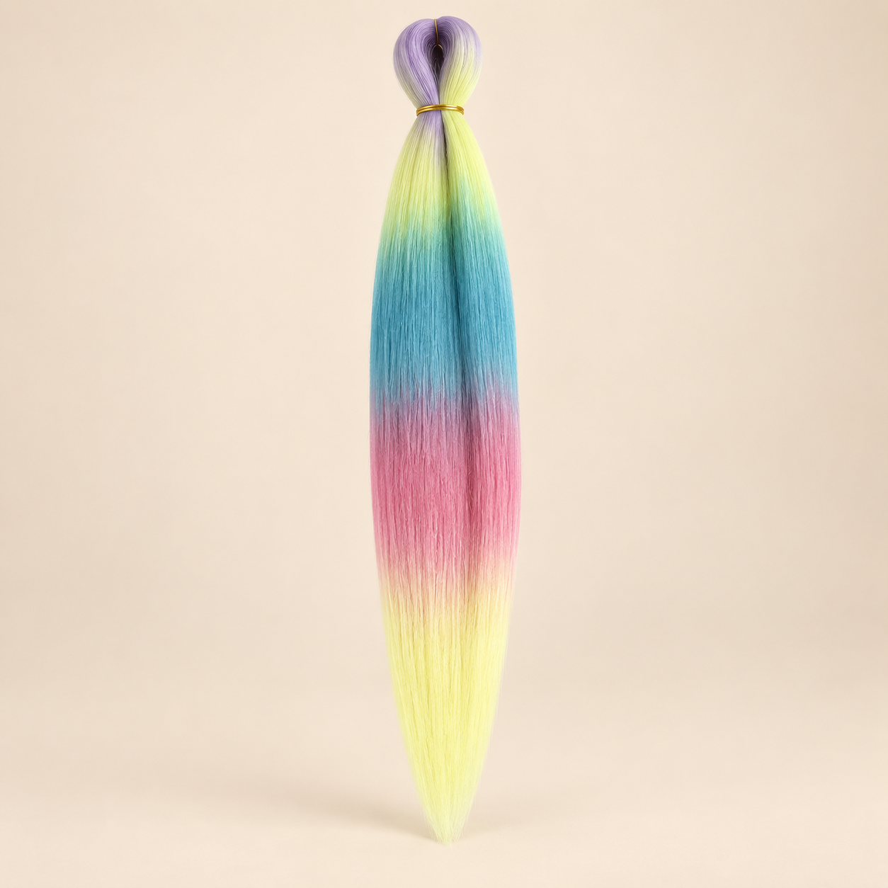 Easy Braid kanekalon vlechthaar D5-4 in paars / geel / blauw / roze ombre op lichtbeige achtergrond