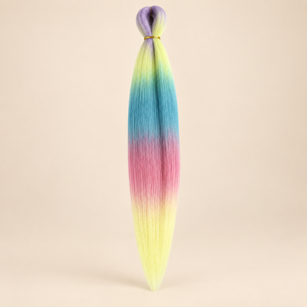 Easy Braid kanekalon vlechthaar D5-4 in paars / geel / blauw / roze ombre op lichtbeige achtergrond