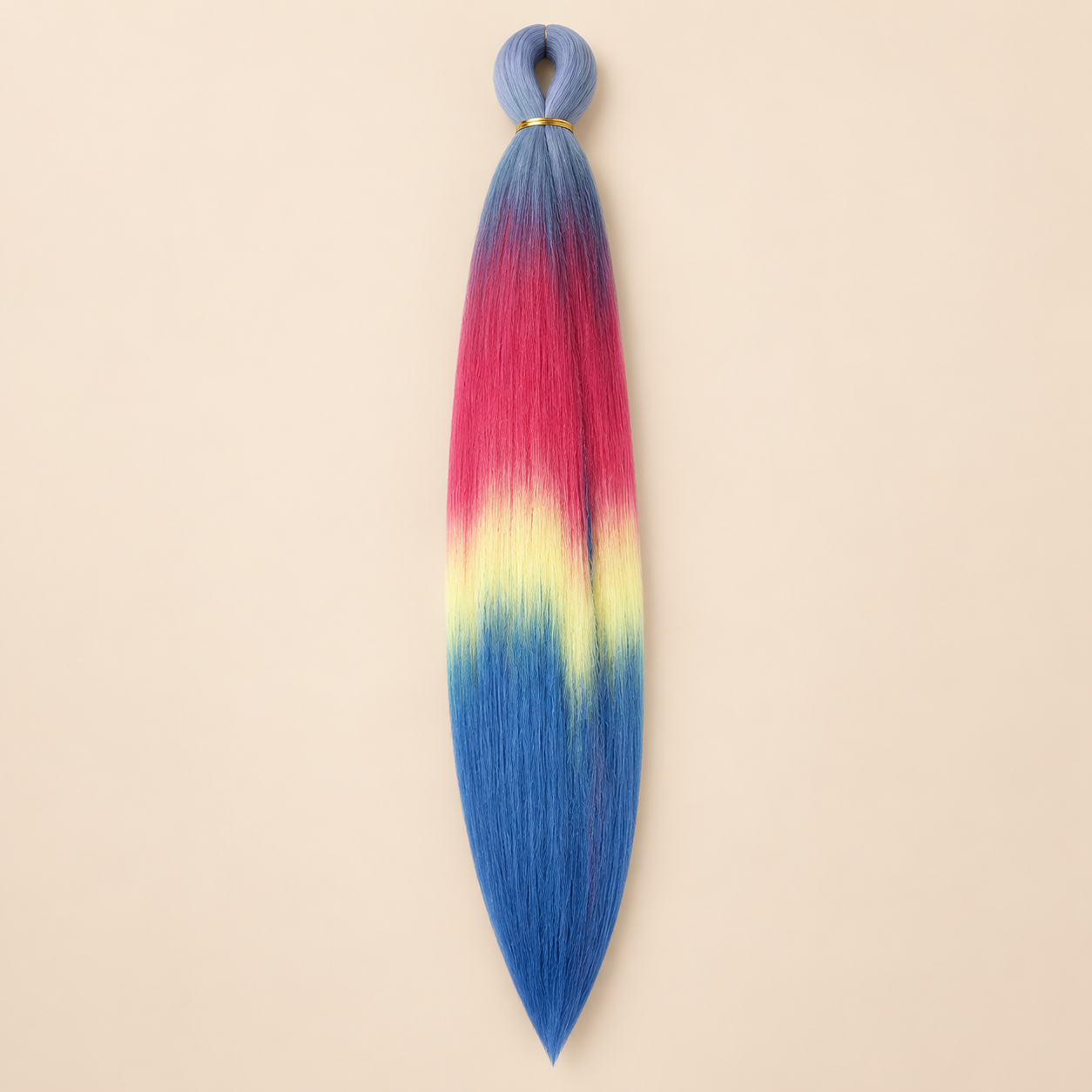 Easy Braid kanekalon vlechthaar D5-5 in blauw / roze / geel / blauw ombre op lichtbeige achtergrond