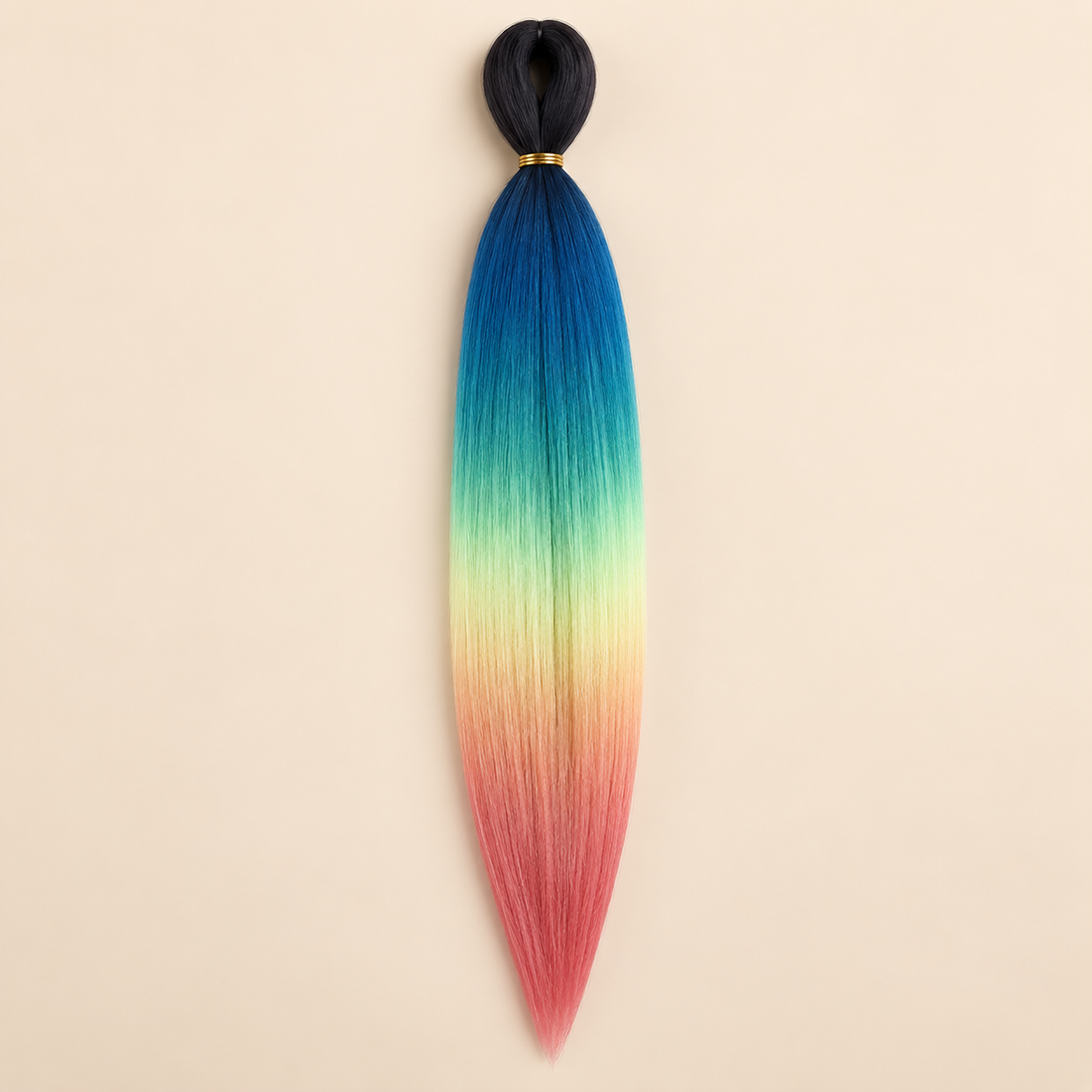 Easy Braid kanekalon vlechthaar D5-6 in zwart / blauw / groen / geel / rood ombre op lichtbeige achtergrond