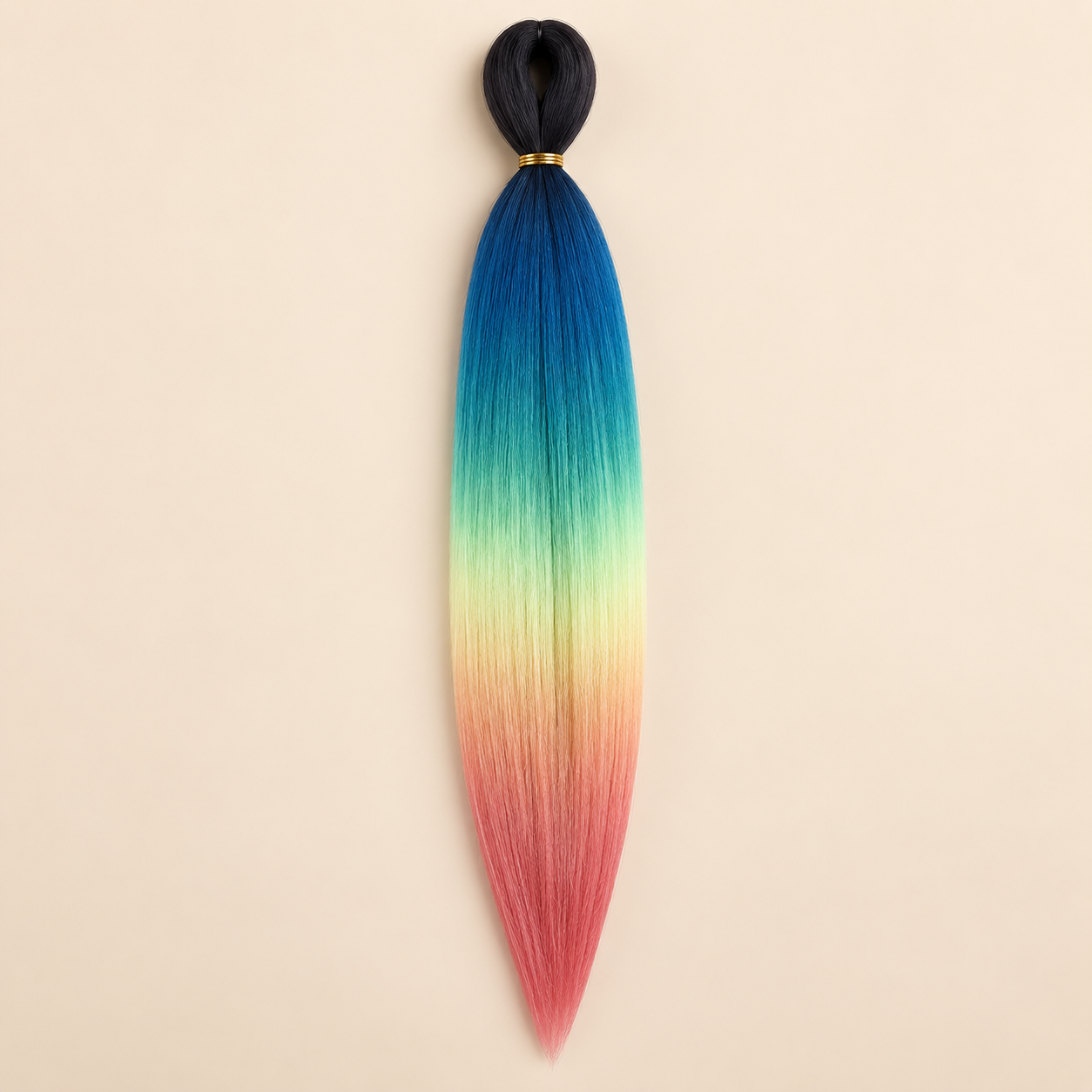 Easy Braid kanekalon vlechthaar D5-6 in zwart / blauw / groen / geel / rood ombre op lichtbeige achtergrond