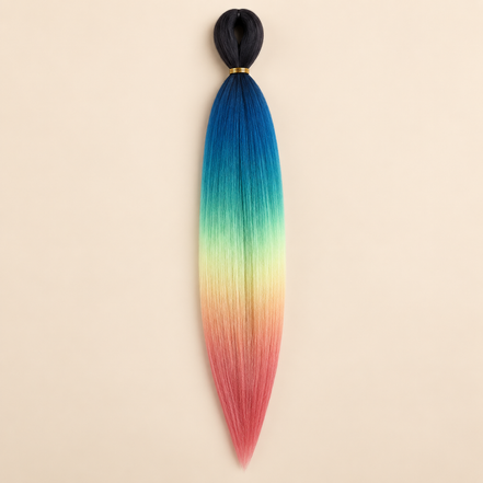 Easy Braid kanekalon vlechthaar D5-6 in zwart / blauw / groen / geel / rood ombre op lichtbeige achtergrond
