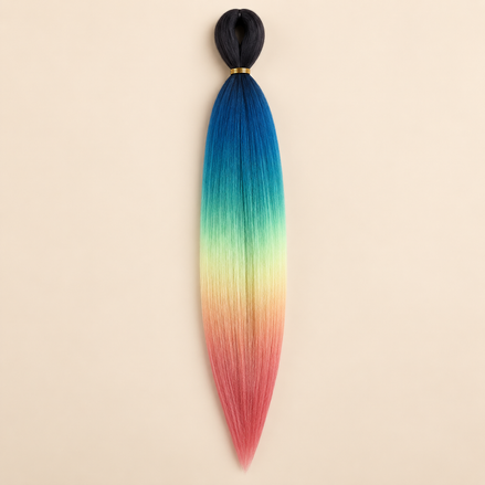 Easy Braid kanekalon vlechthaar D5-6 in zwart / blauw / groen / geel / rood ombre op lichtbeige achtergrond
