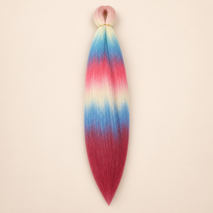 Easy Braid kanekalon vlechthaar D7-1 in pastelblauw / roze / rood multicolor op lichtbeige achtergrond