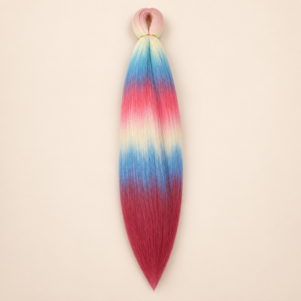 Easy Braid kanekalon vlechthaar D7-1 in pastelblauw / roze / rood multicolor op lichtbeige achtergrond