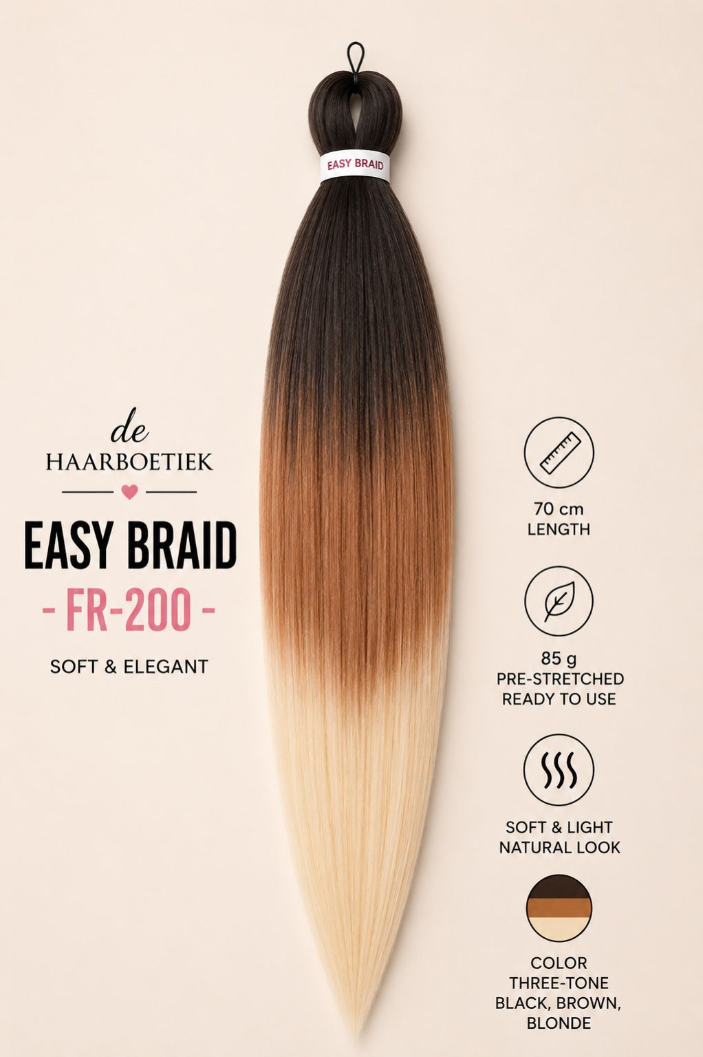 Easy Braid Premium FR-200 zwart bruin blond ombre invlechthaar 70 cm