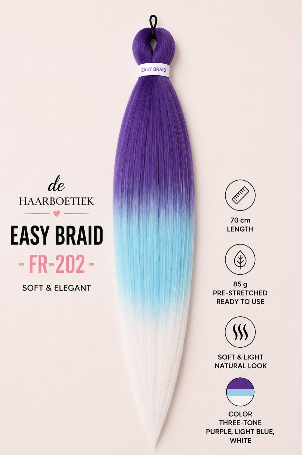 Easy Braid Premium FR-202 paars lichtblauw wit ombre invlechthaar 70 cm