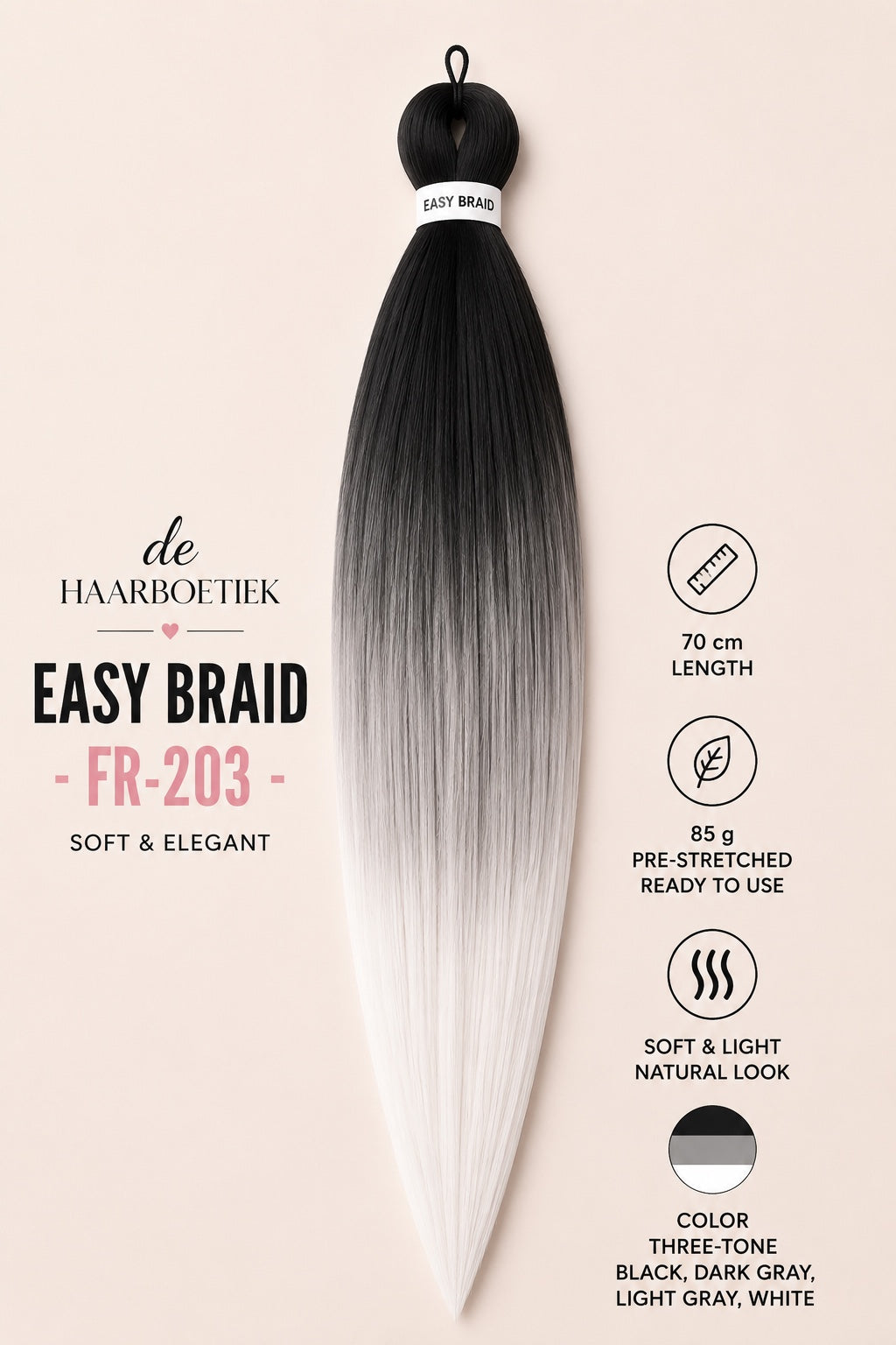 Easy Braid Premium FR-203 zwart grijs wit ombre invlechthaar 70 cm