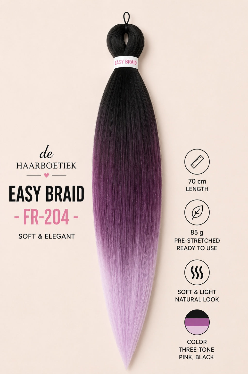 Easy Braid Premium FR-204 zwart paars lila ombre invlechthaar 70 cm
