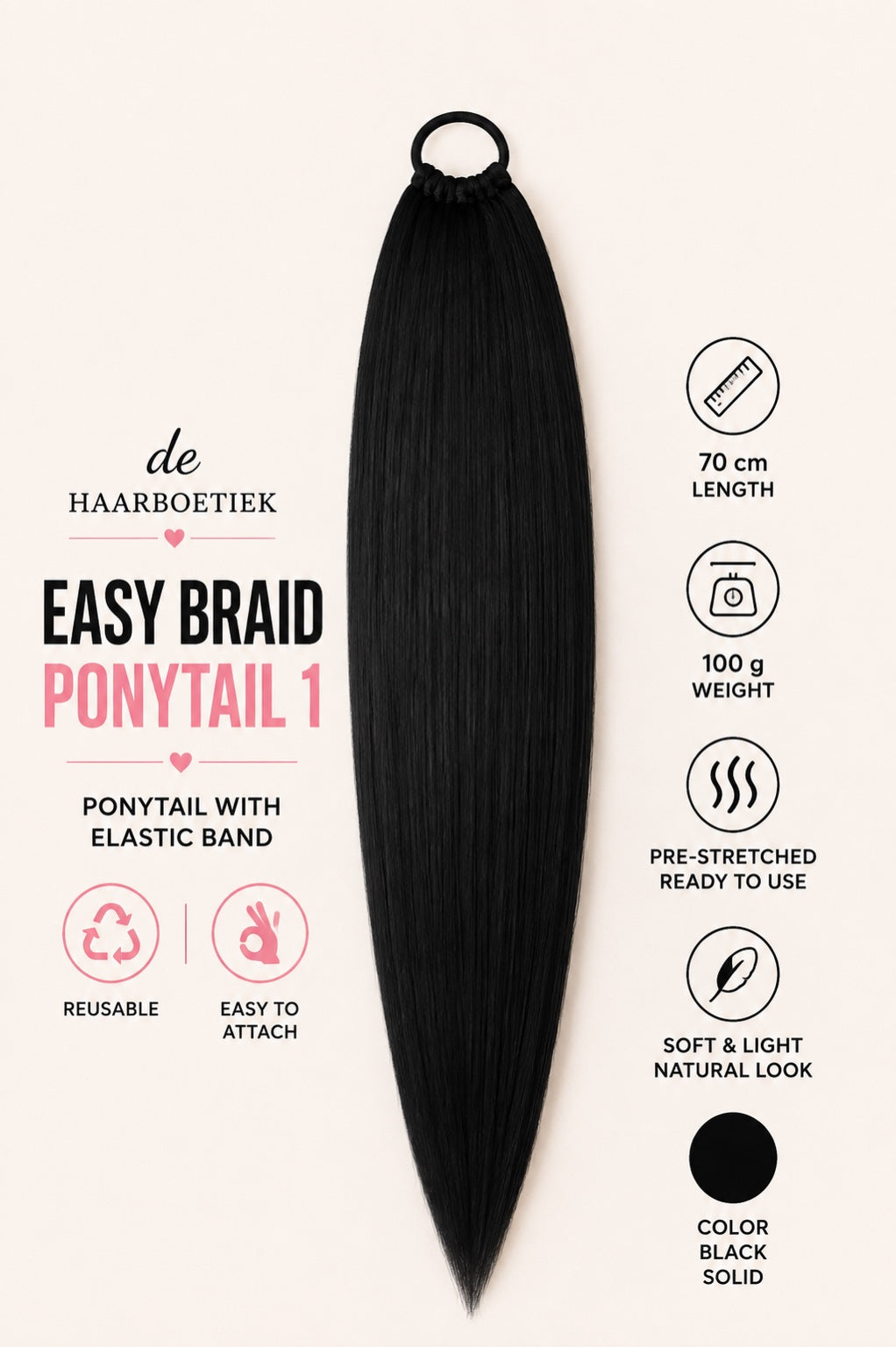 Easy Braid Ponytail 1 zwart met elastische band 70 cm - De HaarBoetiek