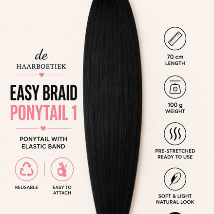 Easy Braid Ponytail 1 zwart met elastische band 70 cm - De HaarBoetiek