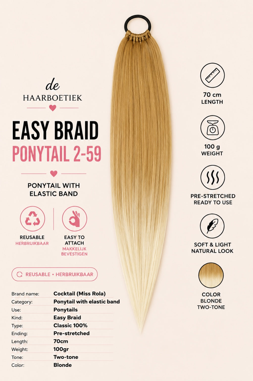 Easy Braid Ponytail 2-59 blond two-tone met elastische band 70 cm - De HaarBoetiek