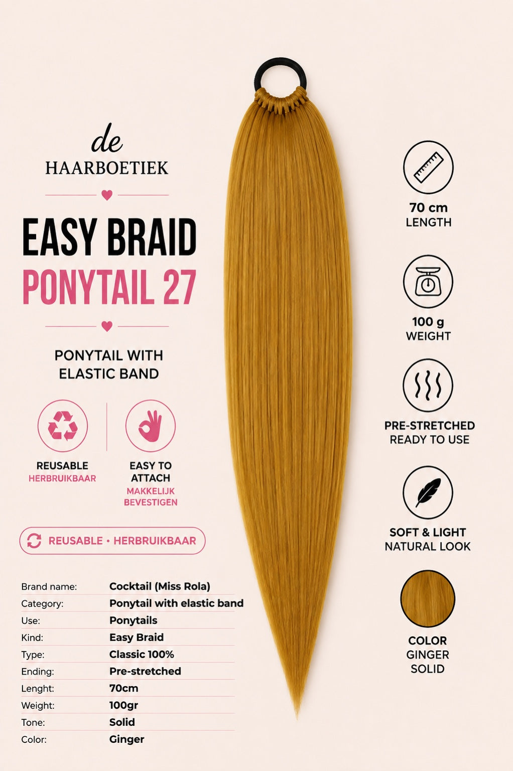 Easy Braid Ponytail 27 ginger met elastische band 70 cm - De HaarBoetiek