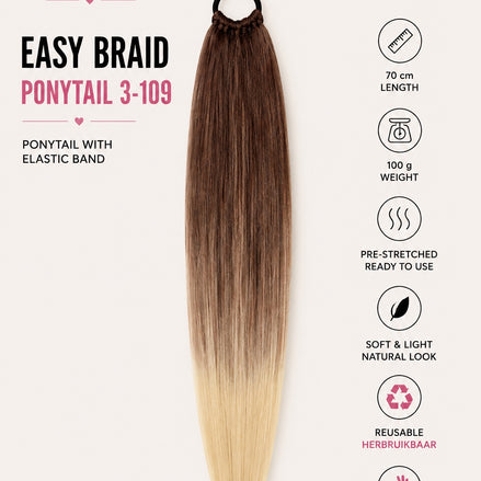 Easy Braid ponytail 3-109 bruin blond ombre 70 cm met elastische band - De HaarBoetiek