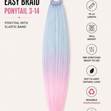 Easy Braid ponytail 3-14 lichtblauw roze ombre 70 cm met elastische band - De HaarBoetiek