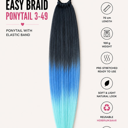 Easy Braid ponytail 3-49 zwart blauw turquoise 70 cm met elastische band - De HaarBoetiek