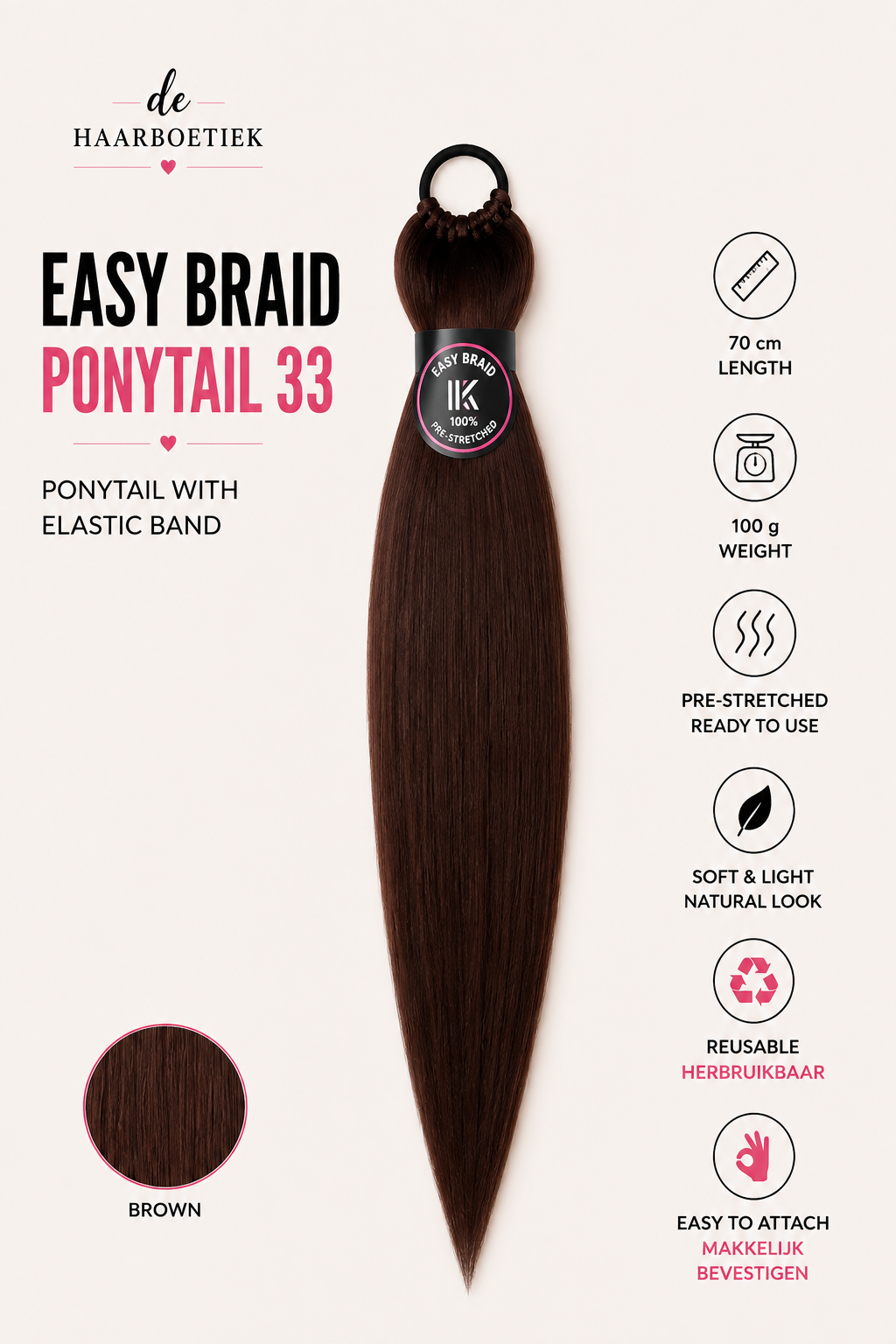 Easy Braid Ponytail 33 donkerbruin 70 cm - De HaarBoetiek