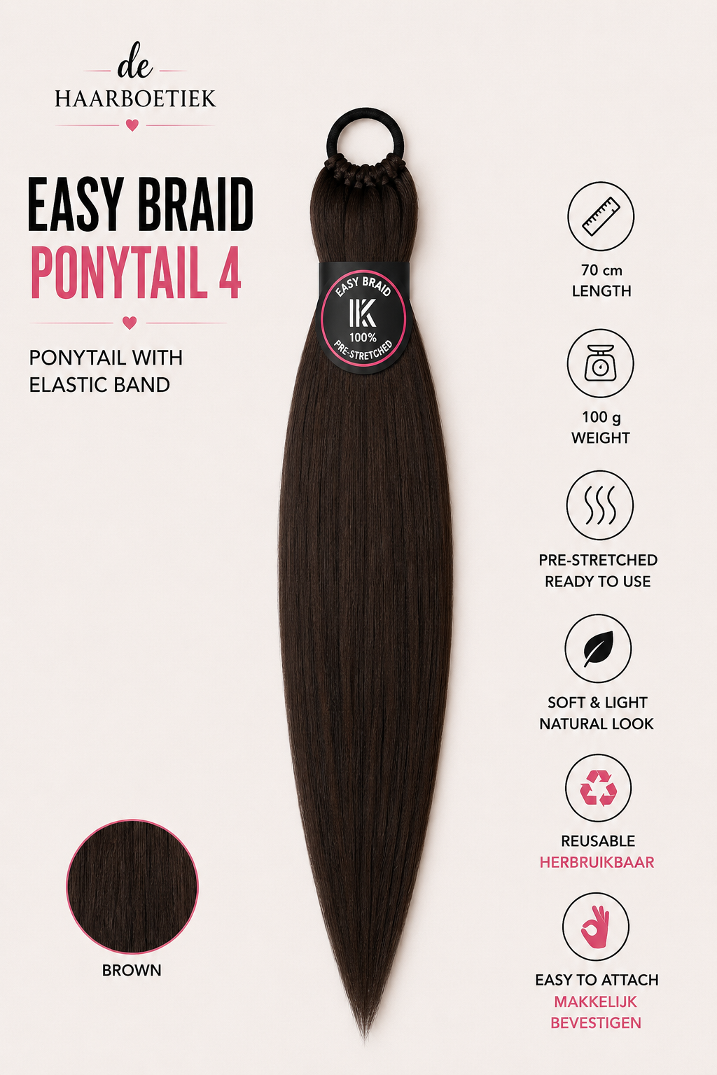 Easy Braid Ponytail 4 donkerbruin 70 cm - De HaarBoetiek