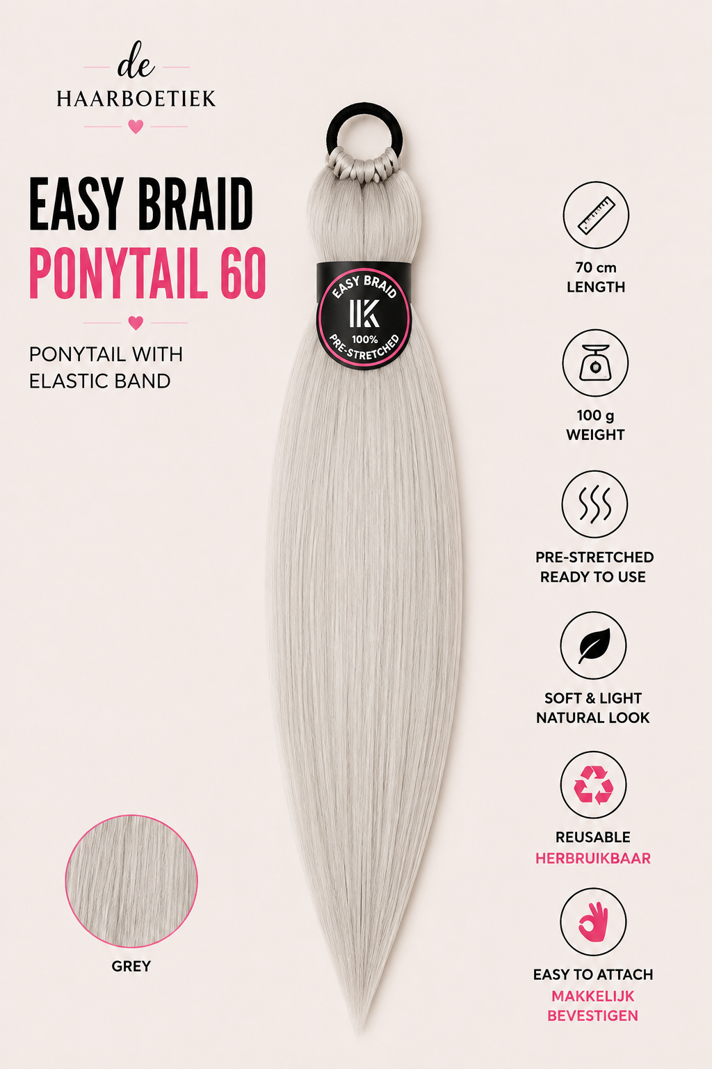 Easy Braid Ponytail 60 zilvergrijs 70 cm - De HaarBoetiek