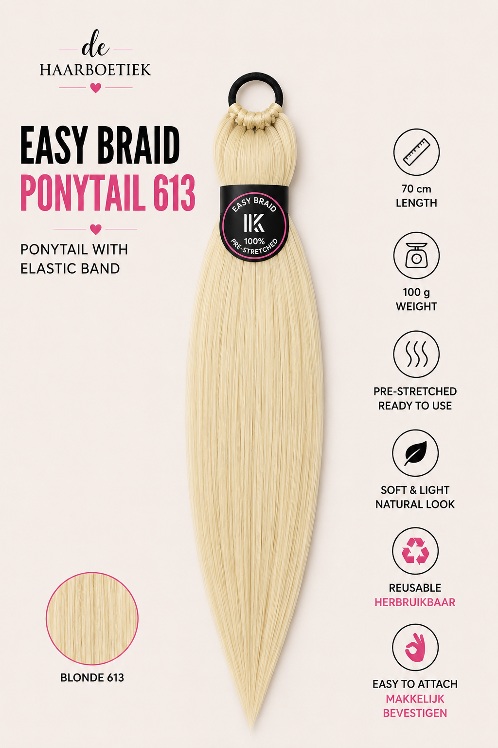 Easy Braid Ponytail 613 lichtblond 70 cm - De HaarBoetiek
