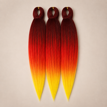 Dark Phoenix 3-in-1 kanekalon invlechthaar Bordeaux, rood, oranje en geel op lichtbeige achtergrond