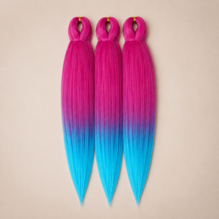 EZB30 3-in-1 kanekalon invlechthaar Magenta naar blauw op lichtbeige achtergrond