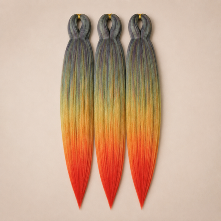 Flaming Rainbow 3-in-1 kanekalon invlechthaar Grijs, geel, oranje en rood op lichtbeige achtergrond