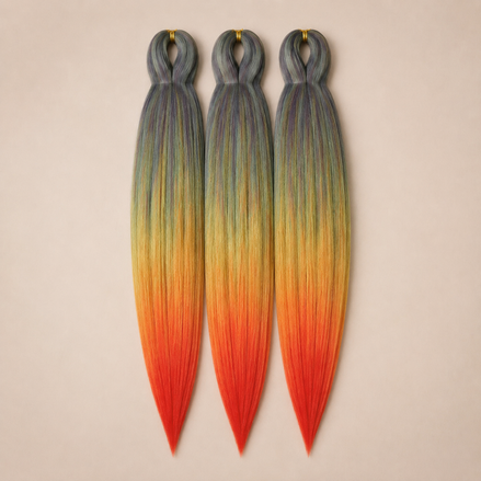 Flaming Rainbow 3-in-1 kanekalon invlechthaar Grijs, geel, oranje en rood op lichtbeige achtergrond