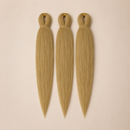 Sandy Blonde Deluxe 3-in-1 kanekalon invlechthaar Zandblond op lichtbeige achtergrond