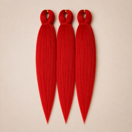 Sweet Red 3-in-1 kanekalon invlechthaar Helder rood op lichtbeige achtergrond
