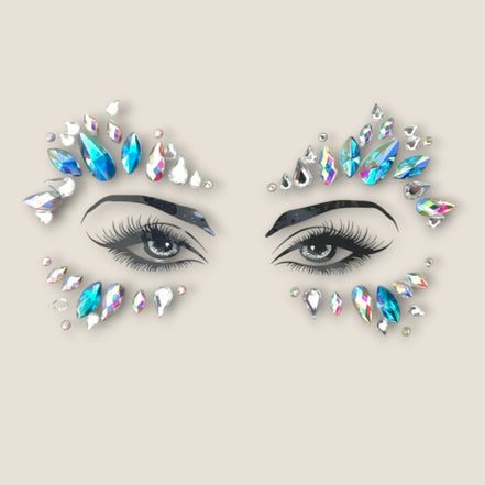 Aqua blauwe face jewels met iriserende kristalsteentjes