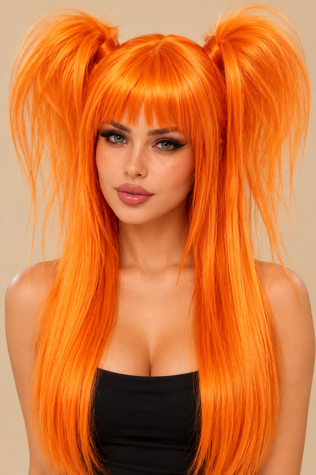 Feloranje twin tail pruik met pony voor Halloween carnaval en cosplay