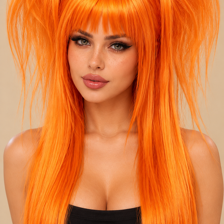 Feloranje Twin Tail Pruik met Pony – 56 cm – De HaarBoetiek