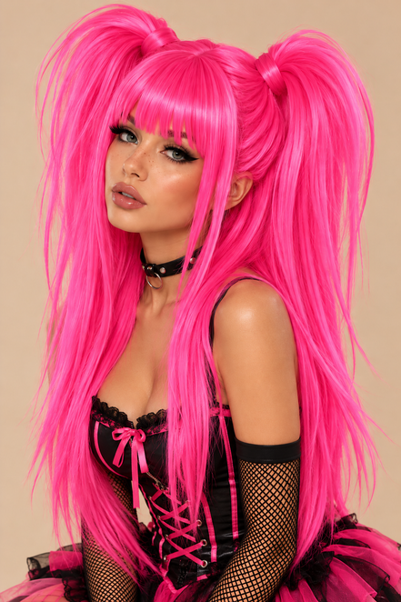 Felroze twin tail pruik met pony voor Halloween carnaval en cosplay