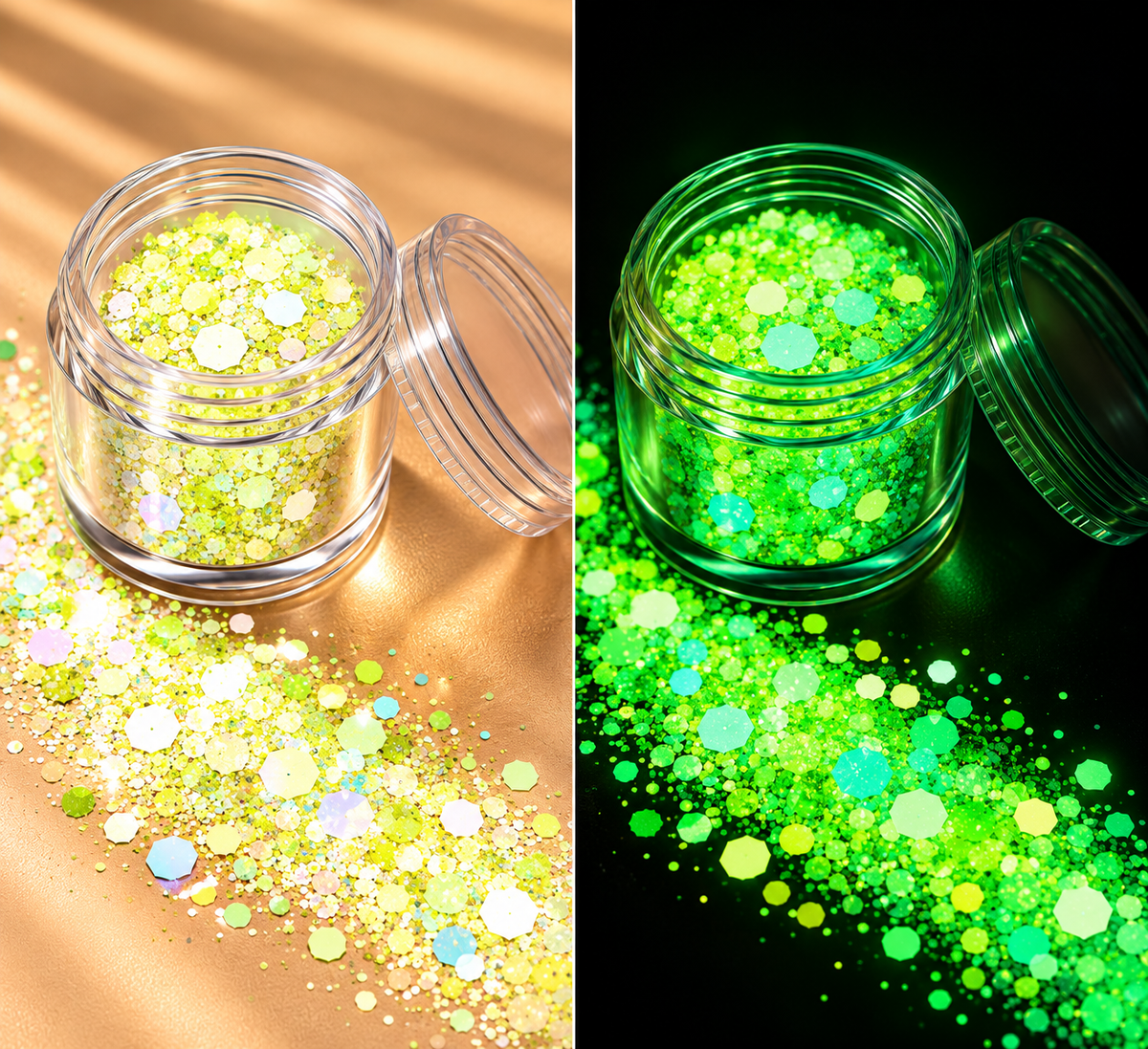 Lime glow in the dark chunky glitter in potje met glow effect - De HaarBoetiek