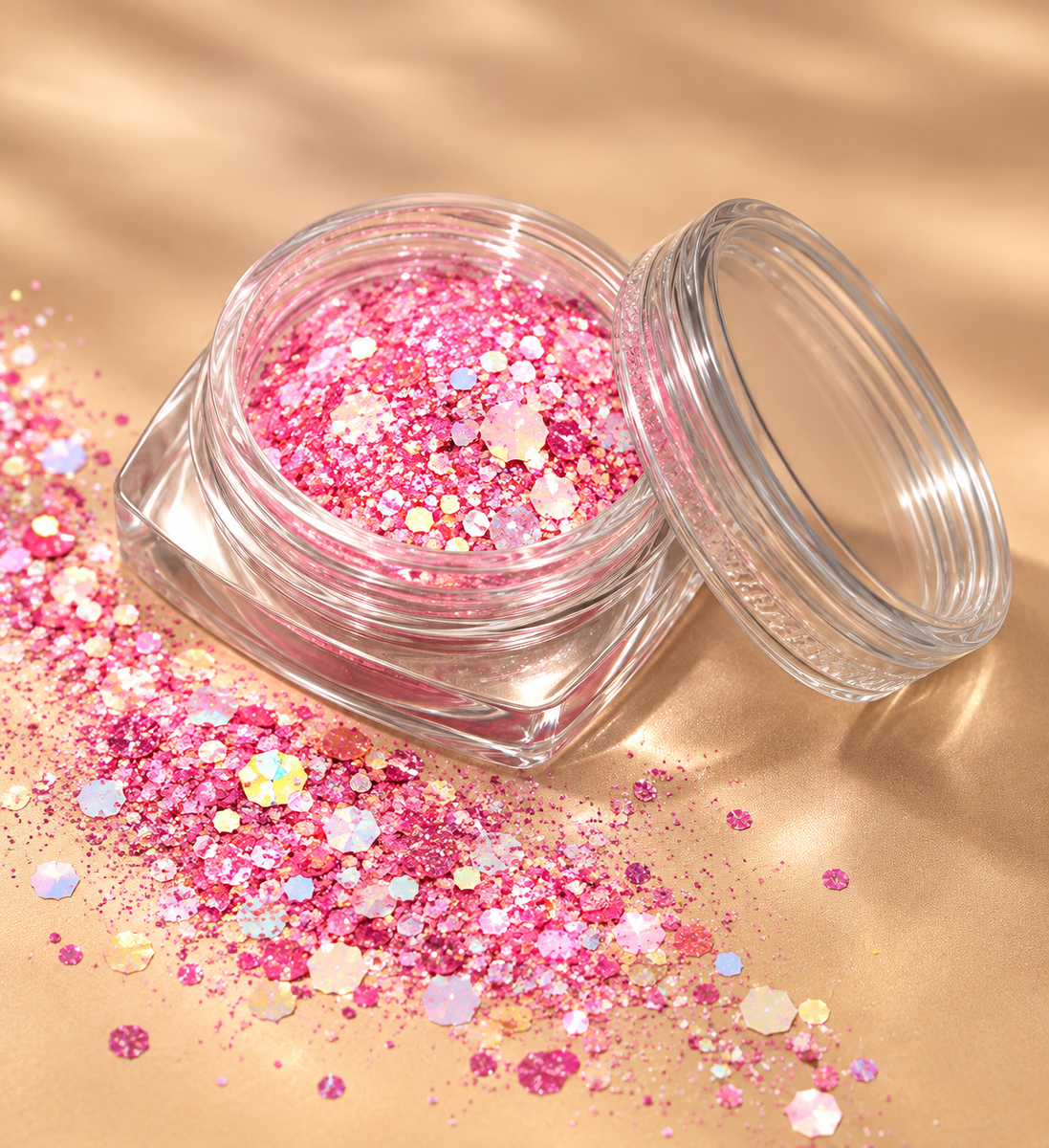 Roze glow in the dark chunky glitter met holografische glans - De HaarBoetiek