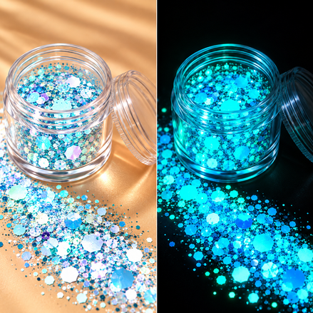 Blauwe glow in the dark chunky glitter in potje - De HaarBoetiek