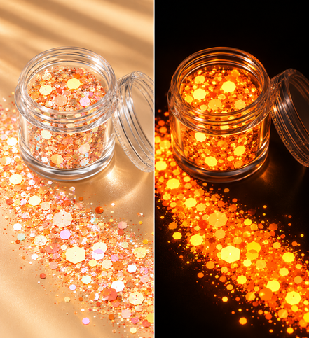 Oranje glow in the dark chunky glitter in potje - De HaarBoetiek
