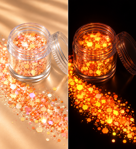 Oranje glow in the dark chunky glitter met glow effect - De HaarBoetiek