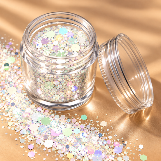 Witte glow in the dark chunky glitter in potje - De HaarBoetiek
