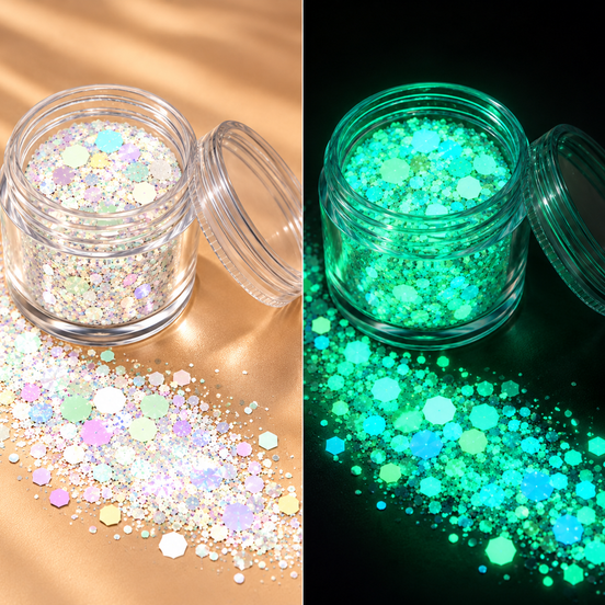 Witte glow in the dark chunky glitter met groen turquoise glow effect - De HaarBoetiek