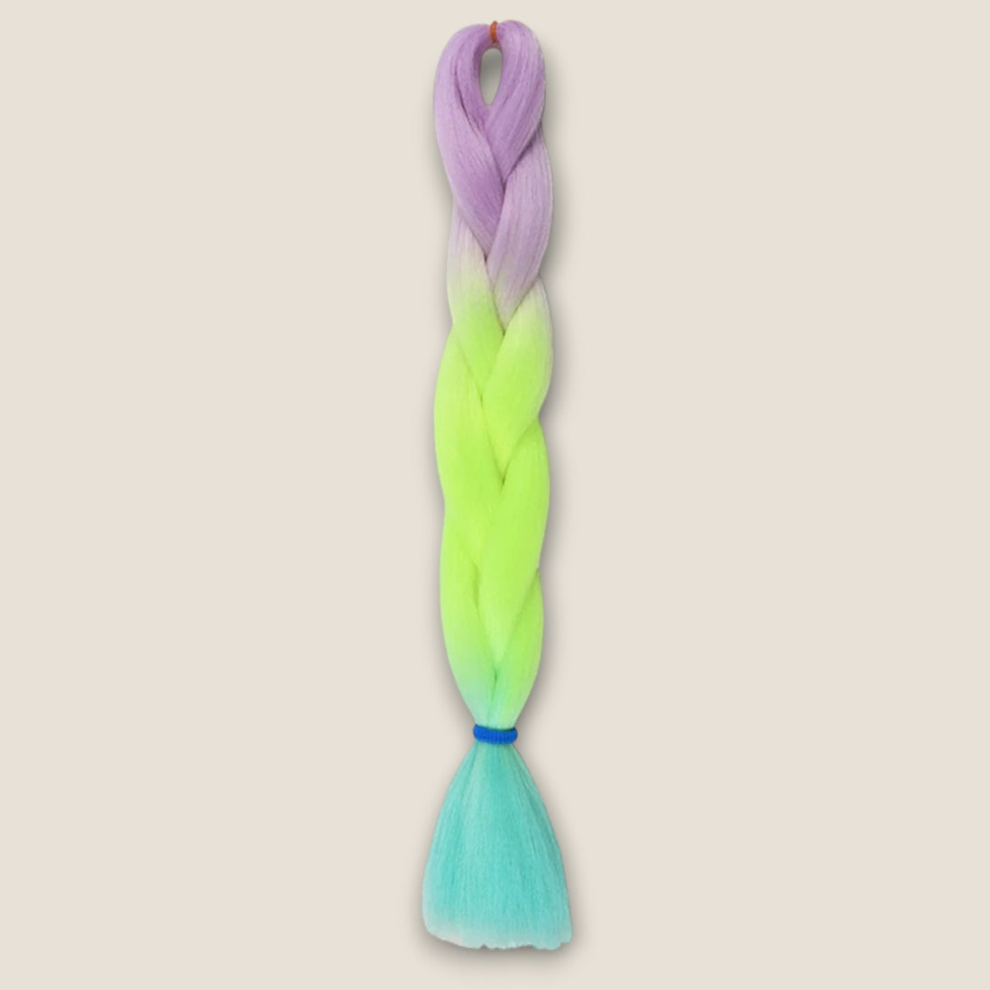 Glow in the Dark invlechthaar lila neon geel aqua op beige achtergrond